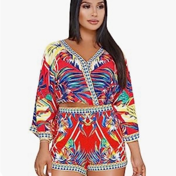 Boho Print 2pc Crop Top and Shorts Set - Picture 2 of 6